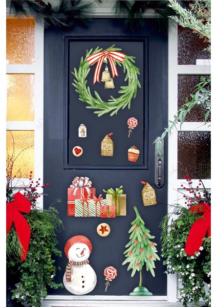 Yılbaşı Kapı Süsü Stickerı, Yılbaşı Süsü Cam Duvar Kapı Sticker Seti