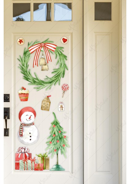 Yılbaşı Kapı Süsü Stickerı, Yılbaşı Süsü Cam Duvar Kapı Sticker Seti modelleri