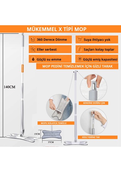 Kendinden Sıkmalı 360 Derece Dönebilen Sihirli x Mop Yer ve Duvar Silme Mop