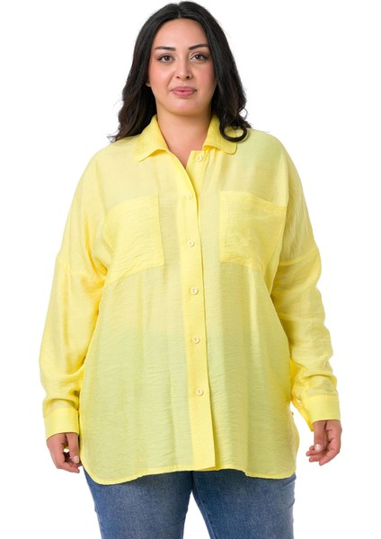 Büyük Beden Torba Cepli Yanları Yırtmaçlı Sarı Gömlek