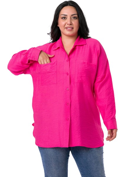 Büyük Beden Torba Cepli Yanları Yırtmaçlı Fuşya Gömlek
