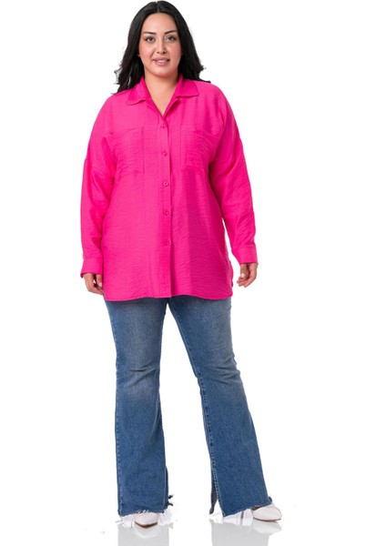 Büyük Beden Torba Cepli Yanları Yırtmaçlı Fuşya Gömlek fiyatları