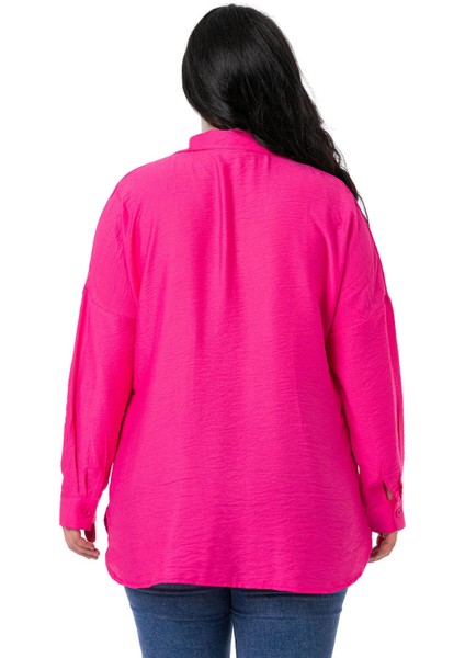 Büyük Beden Torba Cepli Yanları Yırtmaçlı Fuşya Gömlek modelleri