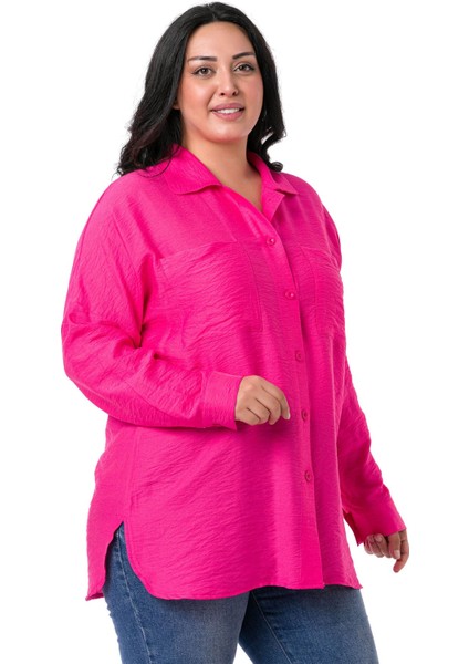 Büyük Beden Torba Cepli Yanları Yırtmaçlı Fuşya Gömlek indirimleri