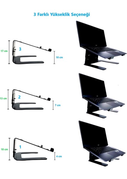 Yükseklik Ayarlı Metal Notebook Soğutucu Laptop Standı-Siyah-3 Farklı Yükseklik