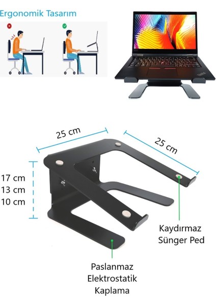 Yükseklik Ayarlı Metal Notebook Soğutucu Laptop Standı-Siyah-3 Farklı Yükseklik