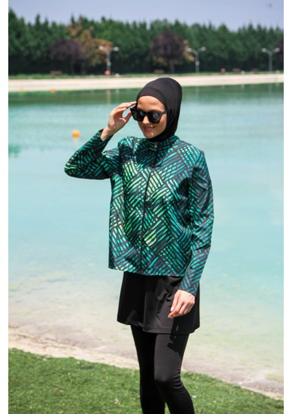 Siyah Kadın Çizgi Desenli Tasarım Tesettür Mayo M2273 indirimleri