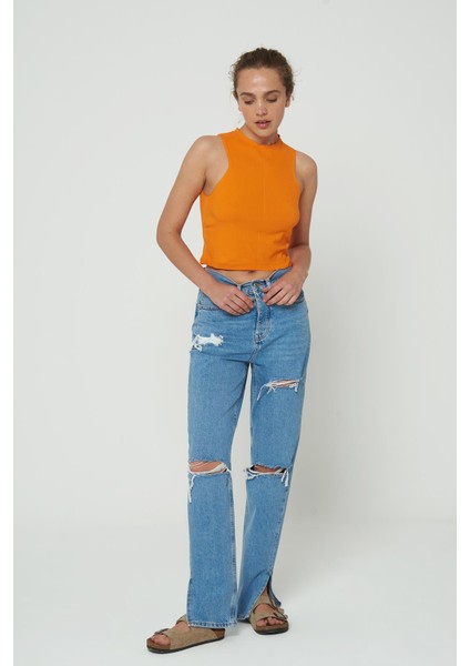 Diana Açık Mavi Yüksek Bel Paçası Yırtmaçlı Yıpratmalı Düğmeli Dad Straight Fit Jean Pantolon C 4517-060