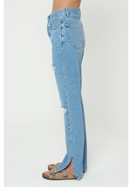 Diana Açık Mavi Yüksek Bel Paçası Yırtmaçlı Yıpratmalı Düğmeli Dad Straight Fit Jean Pantolon C 4517-060 modelleri