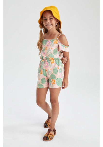 Kız Çocuk Regular Fit Desenli Askılı Pamuklu Penye Yazlık Kısa Tulum T2582A622SM