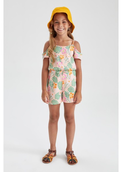 Kız Çocuk Regular Fit Desenli Askılı Pamuklu Penye Yazlık Kısa Tulum T2582A622SM fiyatları
