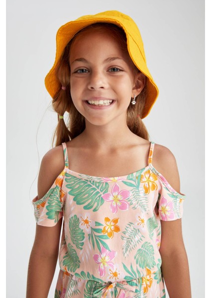 Kız Çocuk Regular Fit Desenli Askılı Pamuklu Penye Yazlık Kısa Tulum T2582A622SM fırsatları