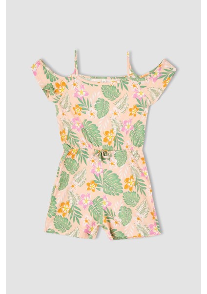 Kız Çocuk Regular Fit Desenli Askılı Pamuklu Penye Yazlık Kısa Tulum T2582A622SM