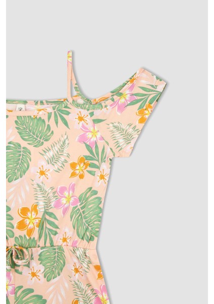 Kız Çocuk Regular Fit Desenli Askılı Pamuklu Penye Yazlık Kısa Tulum T2582A622SM