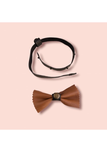 köpek kolyesi hakiki deri papyon çıtçıt ayarlı taba boyun ölçüsü:27-40cm dog collar PYN-3