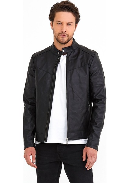 NorthFashion Erkek Siyah Iç Cepli Slim Fit Düz Model Deri Ceket