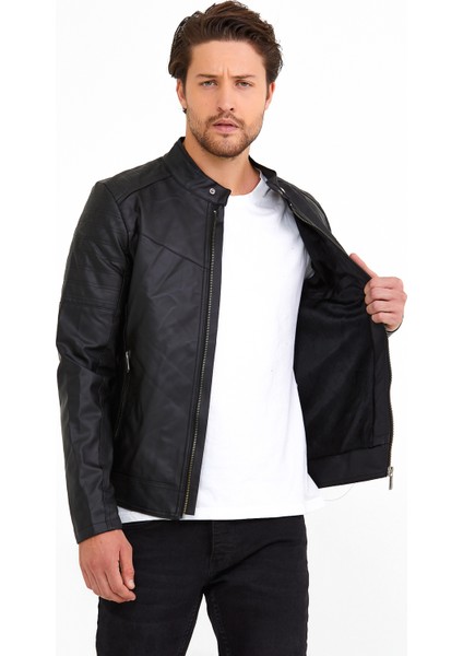 NorthFashion Erkek Siyah Iç Cepli Slim Fit Düz Model Deri Ceket fiyatları