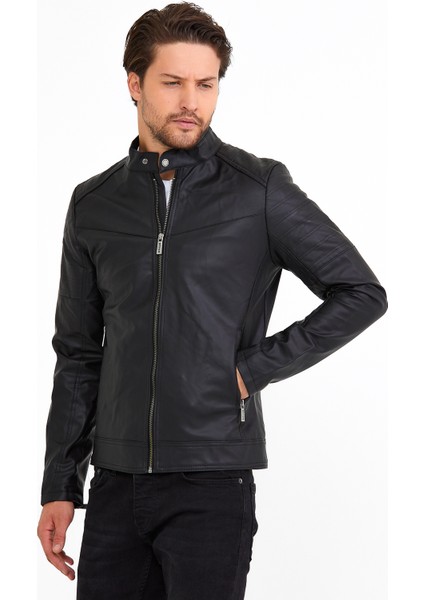 NorthFashion Erkek Siyah Iç Cepli Slim Fit Düz Model Deri Ceket modelleri