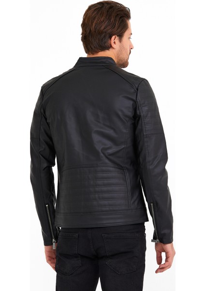 NorthFashion Erkek Siyah Iç Cepli Slim Fit Düz Model Deri Ceket fırsatları