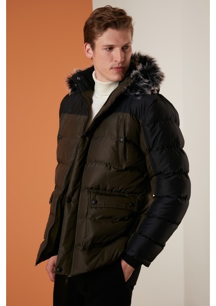 Slim Fit Çıkarılabilir Suni Tüylü Kapüşonlu Şişme Mont Erkek Mont 5760076