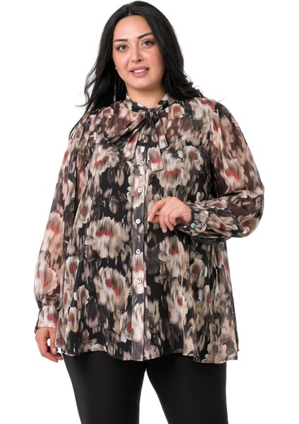 Büyük Beden Çiçek Desenli Kendinden Fularlı Manşetli Siyah Bej Şifon Gömlek fiyatları