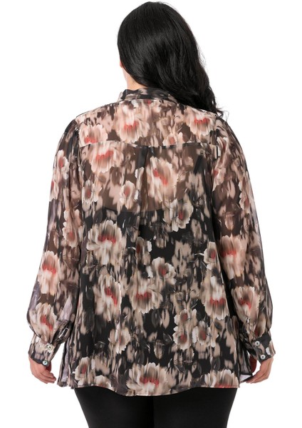 Büyük Beden Çiçek Desenli Kendinden Fularlı Manşetli Siyah Bej Şifon Gömlek modelleri