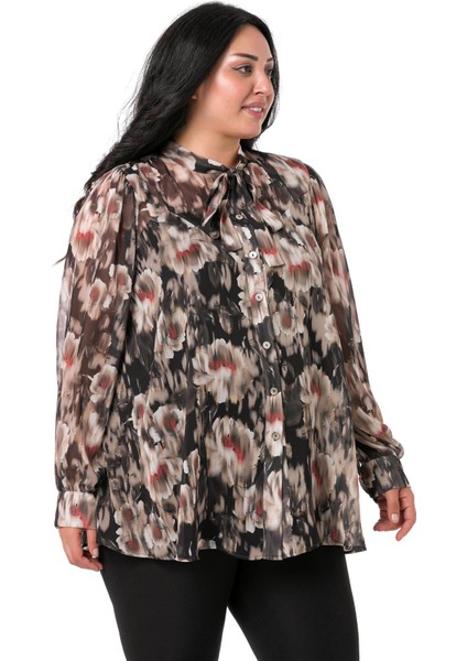Büyük Beden Çiçek Desenli Kendinden Fularlı Manşetli Siyah Bej Şifon Gömlek fırsatları