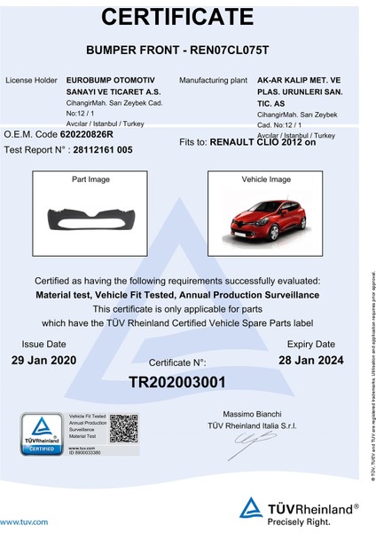 Renault Clio Ön Tampon Hb.12 - 16 / Tüv Ref. No: 620220826R Uyumlu REN07CL075T fiyatları