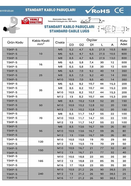 Standart Kablo Bakır Pabuç 150 mm Civata M12 40 Ad