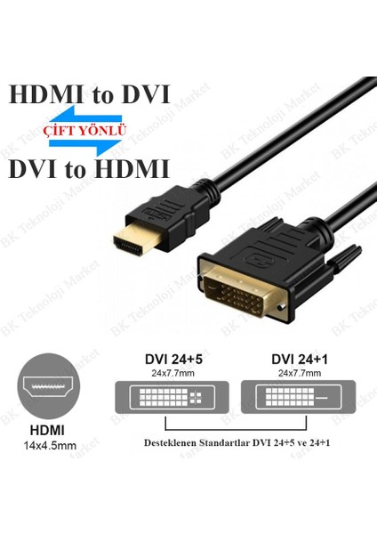 BK Teknoloji DVI 24+1 To HDMI Çift Yönlü DVI To HDMI Görünütü Kablosu-1.8metre