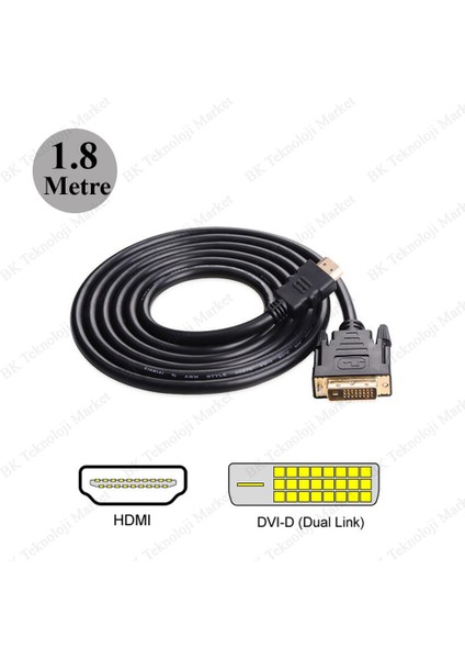 BK Teknoloji DVI 24+1 To HDMI Çift Yönlü DVI To HDMI Görünütü Kablosu-1.8metre