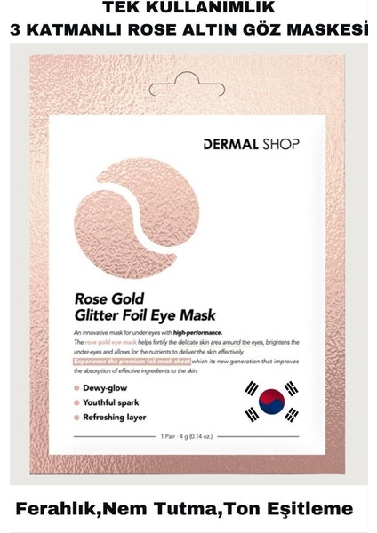 DERMAL Rose Gold Glitter Foil Tek Kullanımlık 3 Katmanlı Göz Maskesi 4 gr