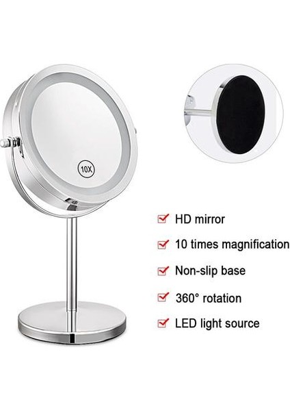 10X Büyüteç Masaüstü Makyaj Aynası LED Işık ile 360 Rotasyon Çift Tarafı 7 İnç LED Işıklanmış Ayna (Gümüş) (Yurt Dışından) modelleri