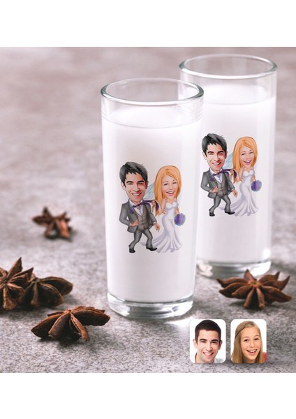Kişiye Özel Evleniyoruz Karikatürlü Ikili Rakı Bardağı Seti-6