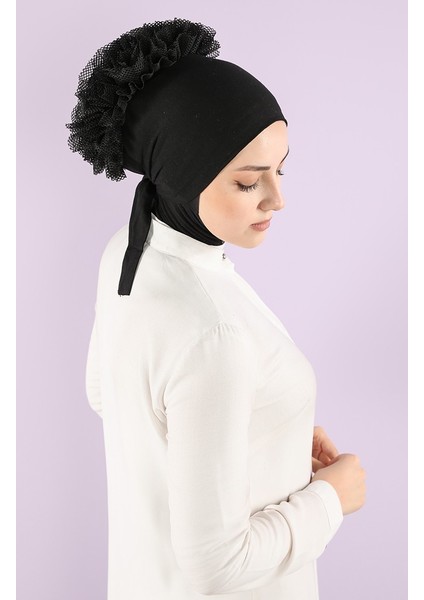 Fırfırlı Tesettür Bone -Siyah Fırfırlı Tesettür Bone