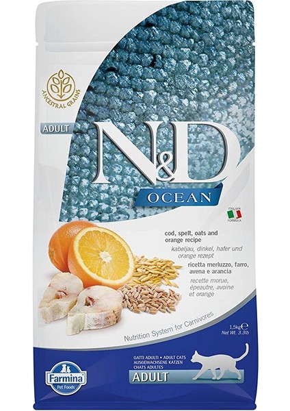 Sinerji Shop N&d Ocean Kuru Kedi Maması, Morina Balığı, Kılçıksız Buğday, Yulaf ve Portakallı, Yetişkin, 1.5 kg