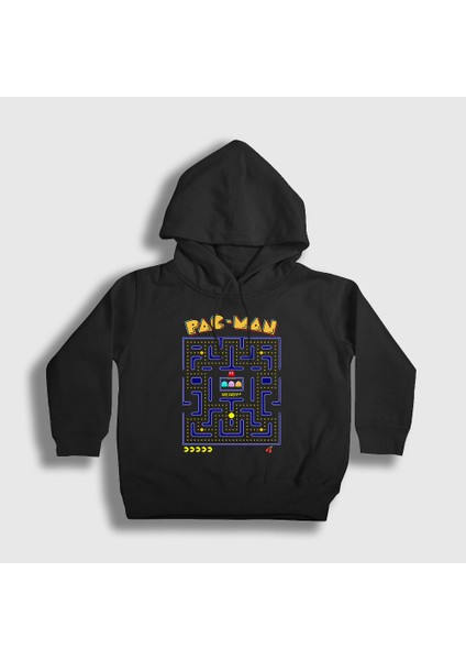 Unisex Çocuk Siyah Map Pac Man Pacman Kapüşonlu Sweatshirt