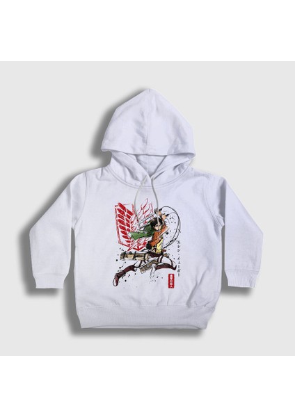 Unisex Çocuk Beyaz Soldier Eren Yeager Anime Attack On Titan Kapüşonlu Sweatshirt