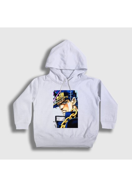 Unisex Çocuk Beyaz Jotaro Kujo V2 Anime Jojo Kapüşonlu Sweatshirt