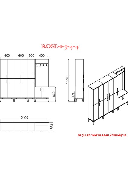 Kalender Dekor Rose-1-3-4-4 Portmanto Vestiyer Ayakkabılık RS02