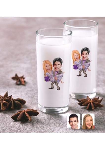Kişiye Özel Sevgililer Karikatürlü Ikili Rakı Bardağı Seti-56