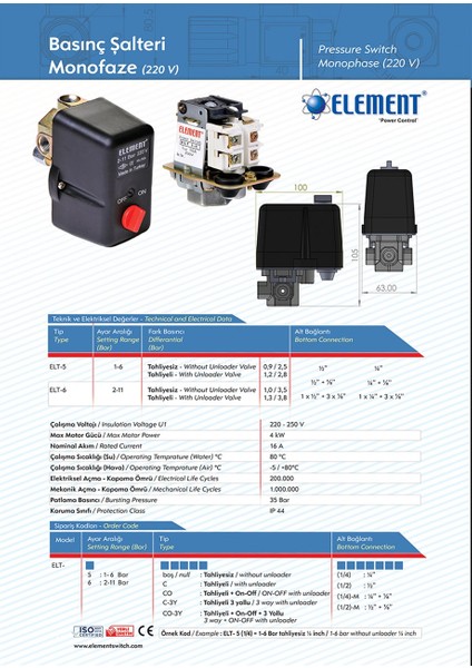 Monofaze Basınç Şalteri-1/6 Bar Tahliyesiz (220V)