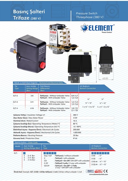 Trifaze Basınç Şalteri-2/8 Bar Tahliyesiz (380V)