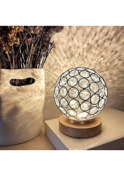 Lambalar Kristal USB Masa Lambası Gümüş Kristal Topu Ahşap Bankası Başucu Masa Lambası Dim Modern