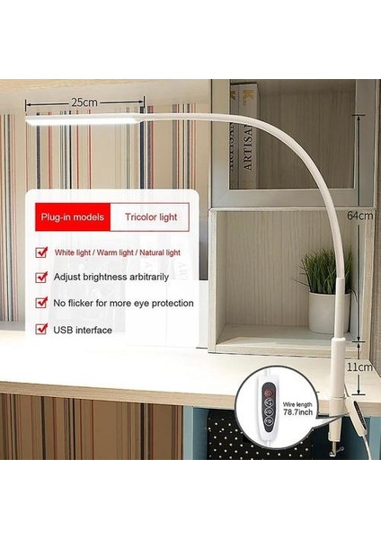 Uzun Kol Masa Lambası Klip Ofis LED Masa Lambası USB Göz Koruyucu Lamba Yatak Odası LED Işık 5-Seviye Parlaklık ve Renk 10 W