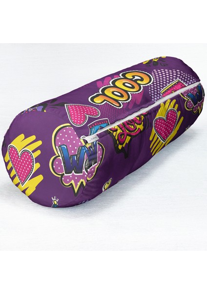 Mor Zeminli Cool Pop Art Özel Tasarımlı Modern Iç Dolgulu - Fermuarlı Süet Silindir Yuvarlak Yastık Kırlent