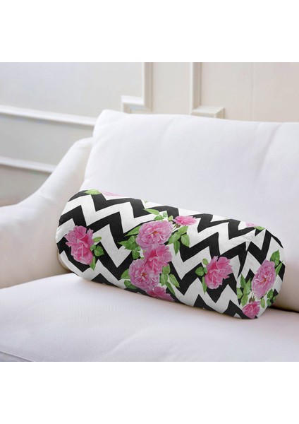 Zikzak Zebra Temalı Gül Motifli Modern Iç Dolgulu Yumuşak Silindir Form Yastık Kırlent