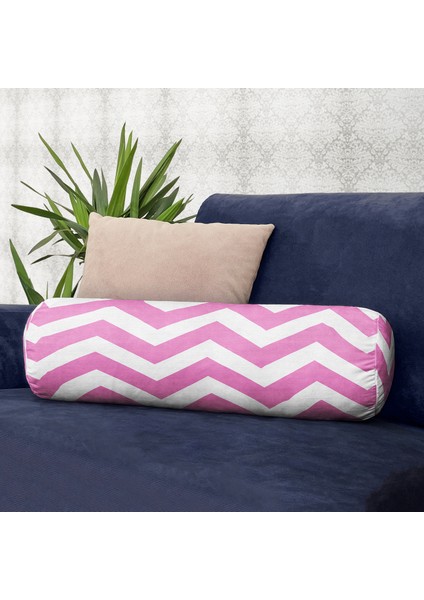 Pembe Zigzag Tasarımlı Dekoratif Iç Dolgulu Süet Silindir Yastık Kırlent - Bel Yastığı