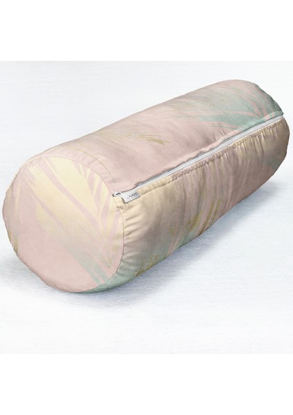 Pastel Zemin Üzerinde Gold Detaylı Yaprak Desenli Dijital Baskılı Modern Iç Dolgulu - Fermuarlı Süet Silindir Rulo Yastık Kırlent fırsatları