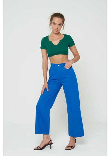 Weslie Mavi Yüksek Bel Fermuarlı Cropped Wideleg Fit Jean Pantolon C 4530-053